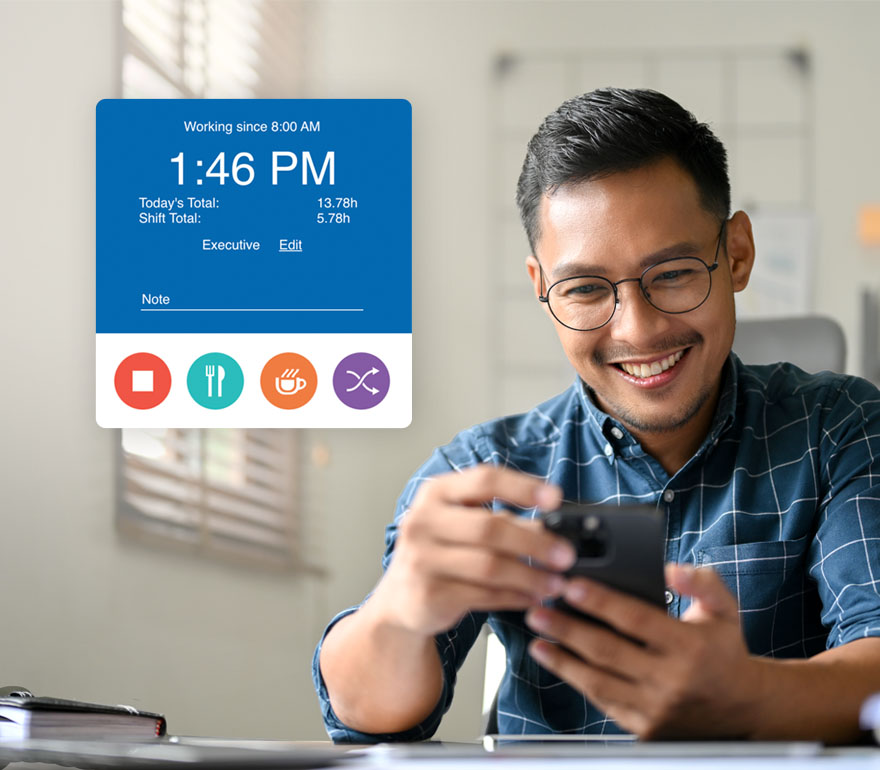 An employee tracking time on his phone