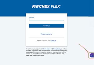 An arrow pointing to the help section of Paychex Flex