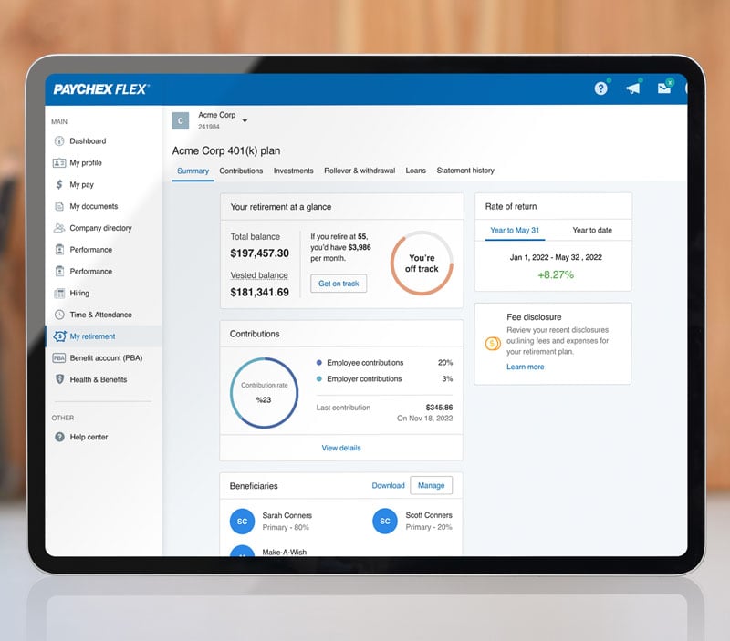 Vista del panel de control de jubilación en Paychex Flex