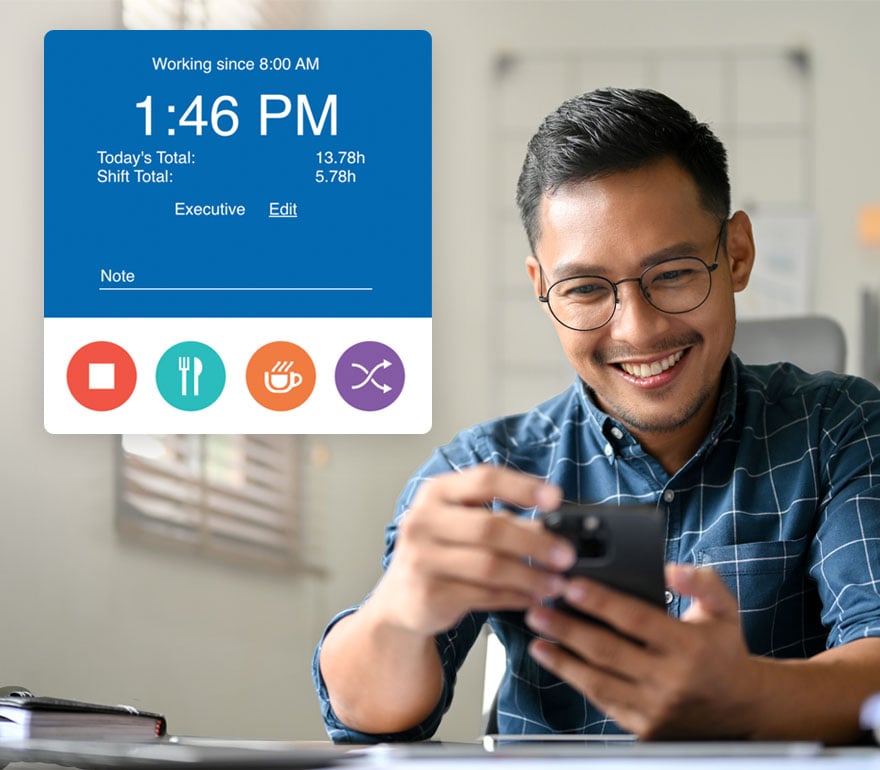 An employee tracking time on his phone