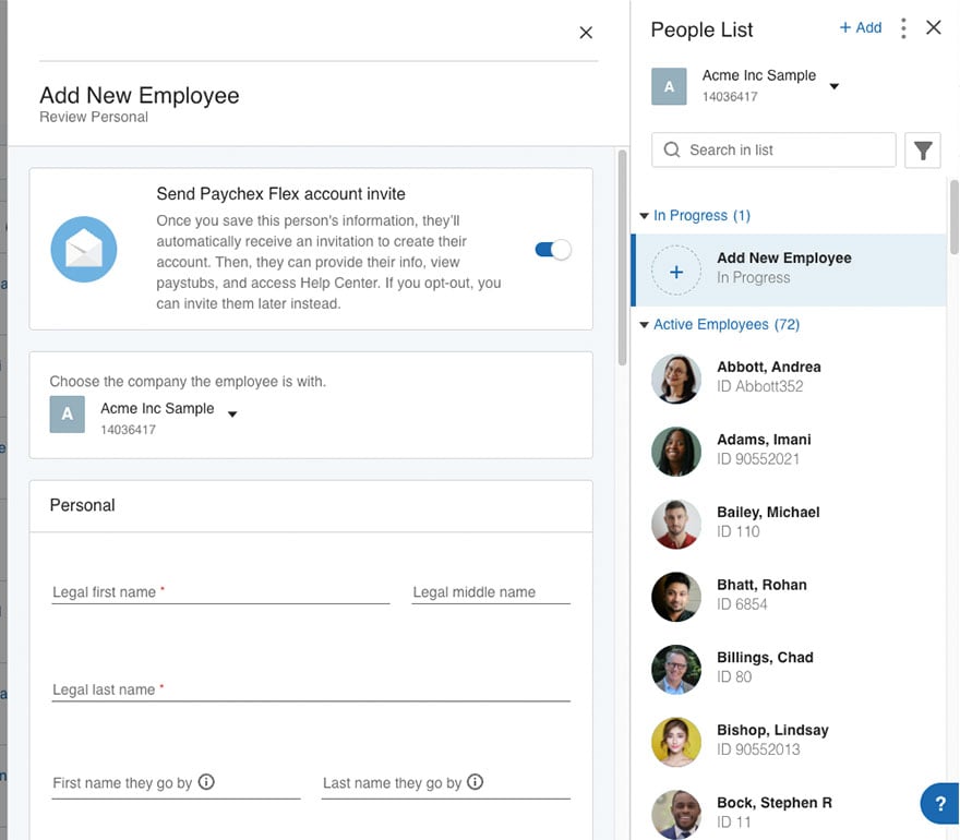 Paychex Flex onboarding interface