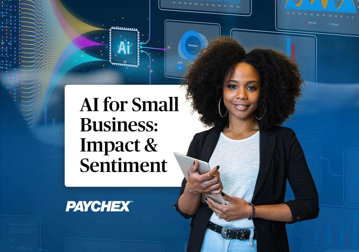 Graphic with a woman and the words AI for Small Business Impact & Sentiment