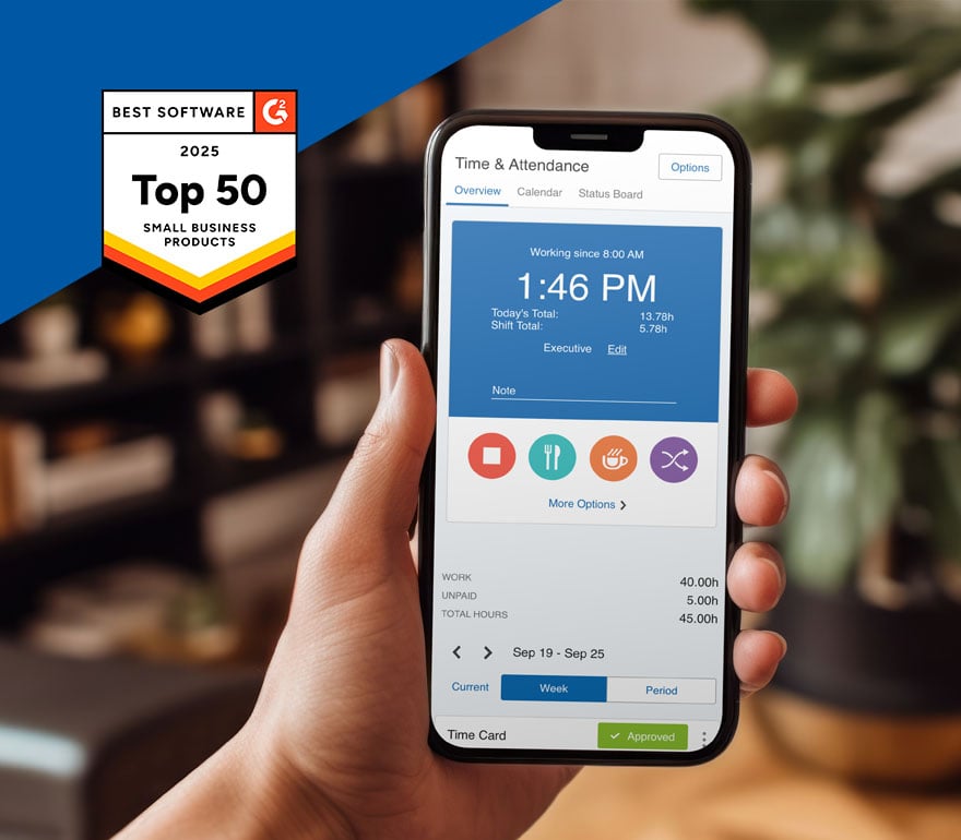 A phone showing the Paychex Flex mobile app featuring employee time tracking