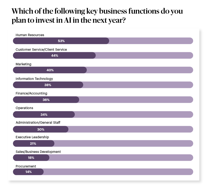 Which of the following key business functions do you plan to invest in AI in the next year? Survey results