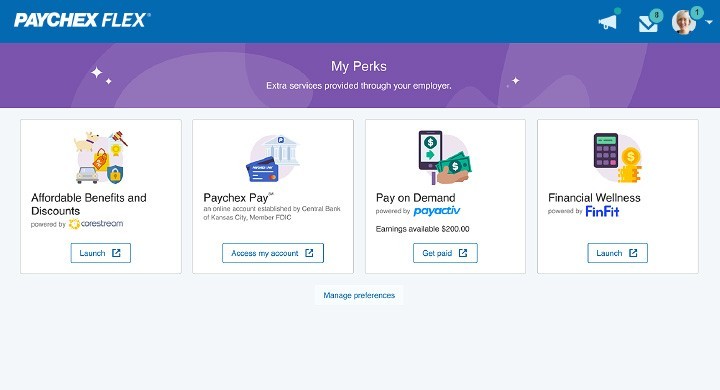 Paychex Perks dashboard options